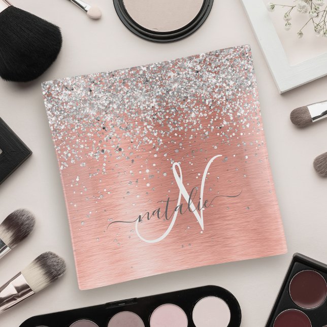 Rose Gold Brushed Metal Glitter Monogram Name  Trinket Tray (Creator Uploaded)