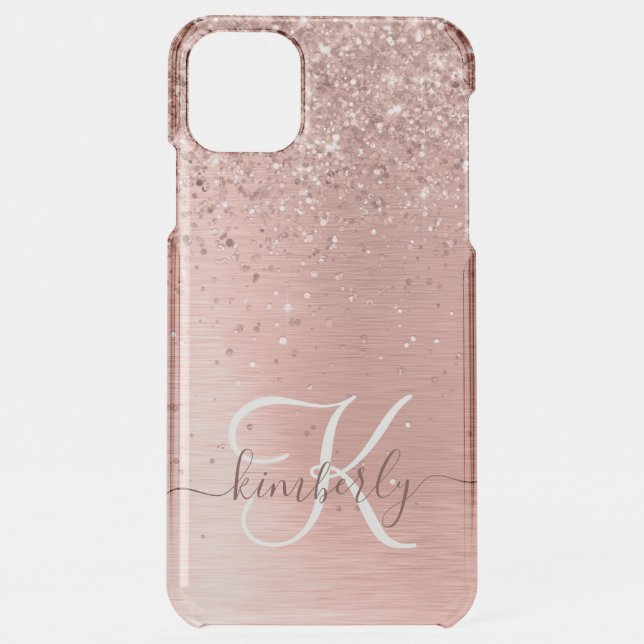 Rose Gold Brushed Metal Glitter Monogram Name Uncommon iPhone Case (Back)