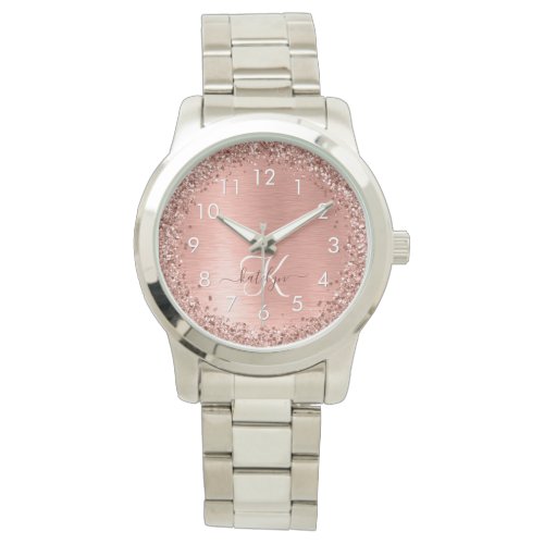 Rose Gold Brushed Metal Glitter Monogram Name Watch