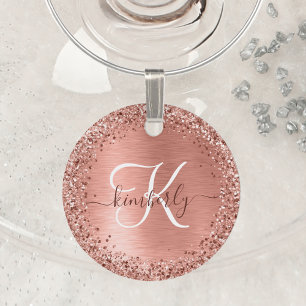 Rose Gold Brushed Metal Glitter Monogram Name Wine Charm