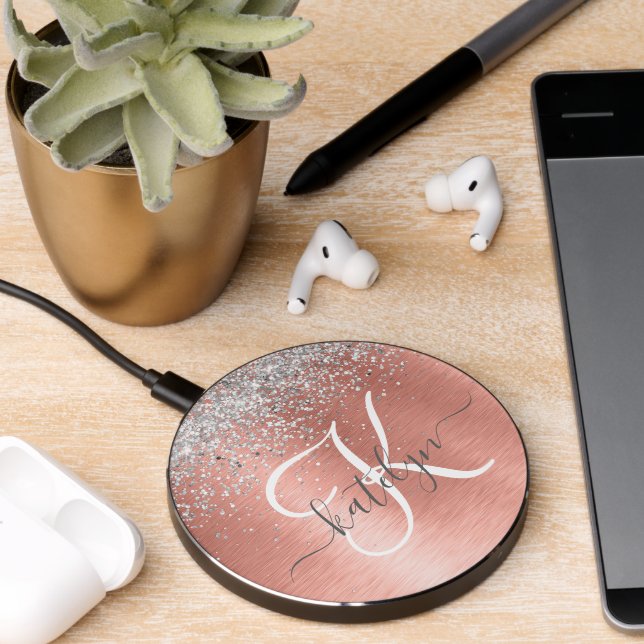 Rose Gold Brushed Metal Glitter Monogram Name Wireless Charger (Desk 2)