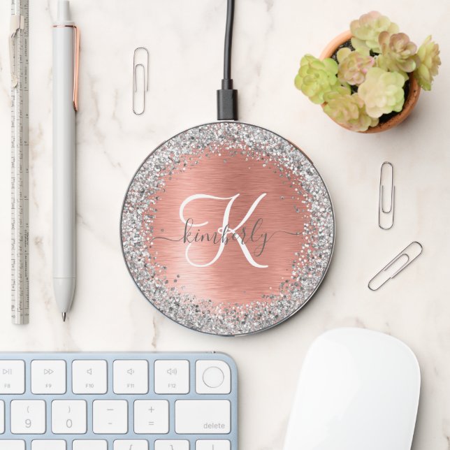 Rose Gold Brushed Metal Glitter Monogram Name Wireless Charger (Desk)