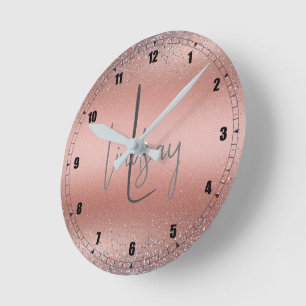 Rose Gold Brushed Metal Glitter Monogram Round Clock