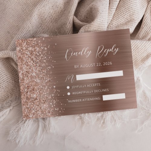 Rose Gold Brushed Metal Glitter Script Wedding RSVP Card