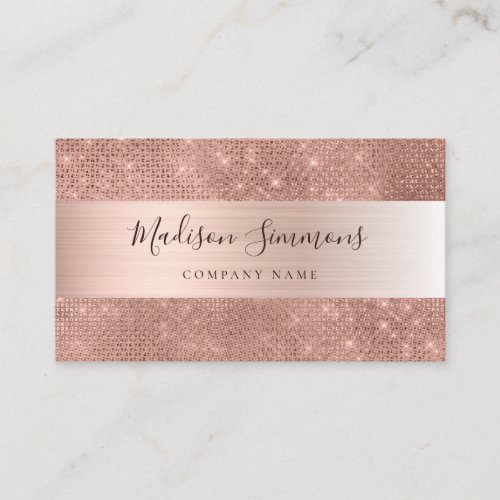 Rose Gold Brushed Metal Glitter Sparkle Script Business Card