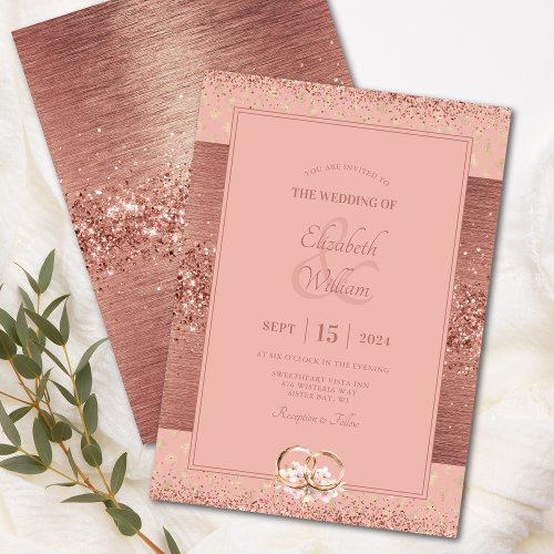 Rose Gold Brushed Metal Glitter Wedding Invitation
