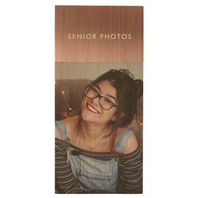 Rose Gold Brushed Metal Graduation Senior Photos Wood Flash Drive (Back (Vertical))