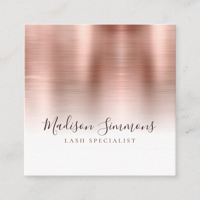 Rose Gold Brushed Metal Monogram Elegant Script Square Business Card (Front)