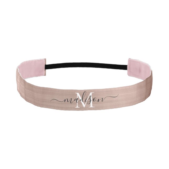 Rose Gold Brushed Metal Monogram Girly Script Athletic Headband (Front)