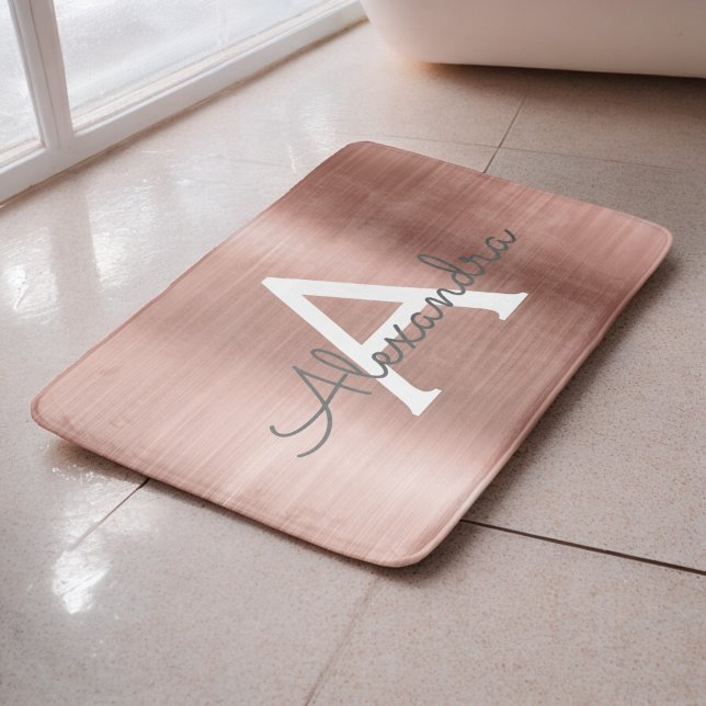 Rose Gold Brushed Metal Monogram Name and Initial Bath Mat (Creator Uploaded)