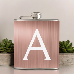 Rose Gold Brushed Metal Monogram Name and Initial Flask
