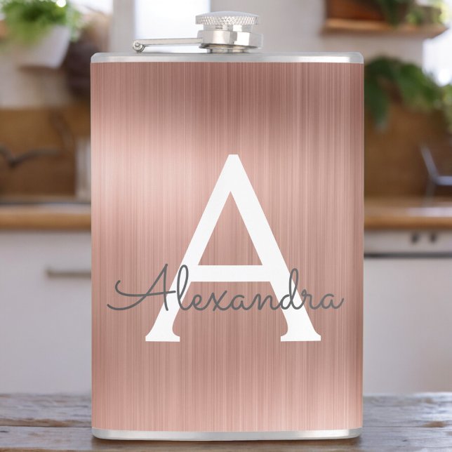 Rose Gold Brushed Metal Monogram Name and Initial Flask (Creator Uploaded)