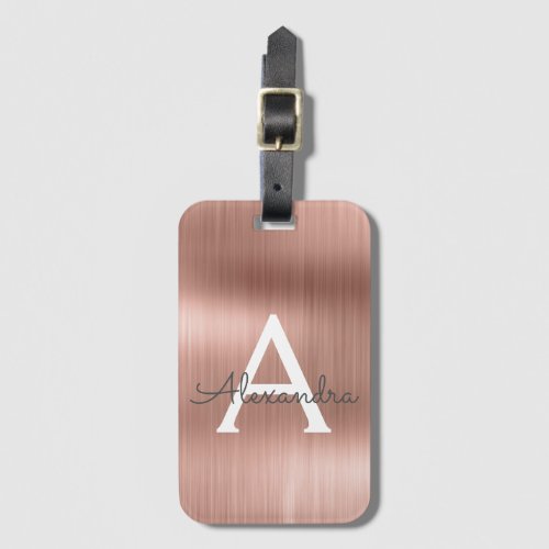 Rose Gold Brushed Metal Monogram Name and Initial Luggage Tag