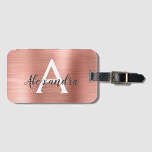 Rose Gold Brushed Metal Monogram Name and Initial Luggage Tag