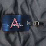 Rose Gold Brushed Metal Monogram Name and Initial Luggage Tag<br><div class="desc">Rose Gold - Blush Pink and Navy Blue Brushed Metal Foil Monogram Name and Initial Luggage Tag. This bag tag is perfect for Back to School,  Work,  or Traveling.</div>