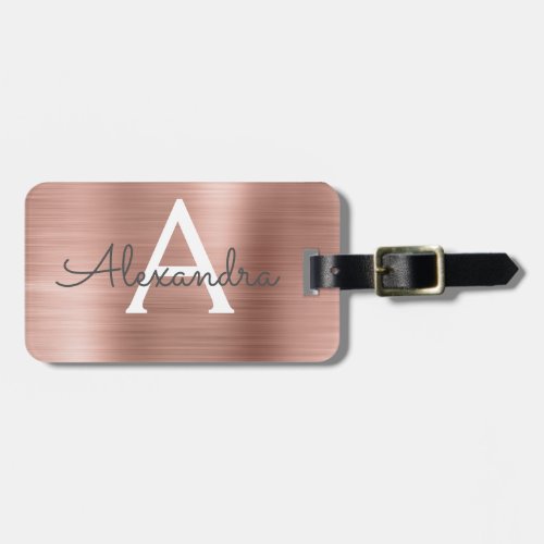 Rose Gold Brushed Metal Monogram Name and Initial Luggage Tag