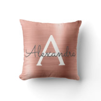 Rose Gold Brushed Metal Monogram Name and Initial Throw Pillow