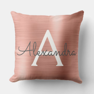 Rose Gold Brushed Metal Monogram Name and Initial Throw Pillow