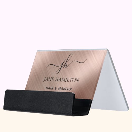 Rose Gold Brushed Metal Monogram Script Name Desk Business Card Holder