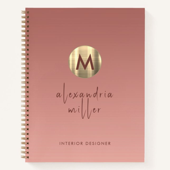 Rose Gold Brushed Metal Monogram Script Ombre Notebook (Front)
