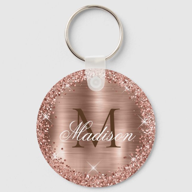 Rose Gold Brushed Metal Rose Gold Glitter Monogram Keychain (Front)