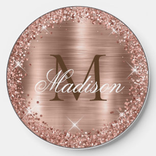 Rose Gold Brushed Metal Rose Gold Glitter Monogram Wireless Charger