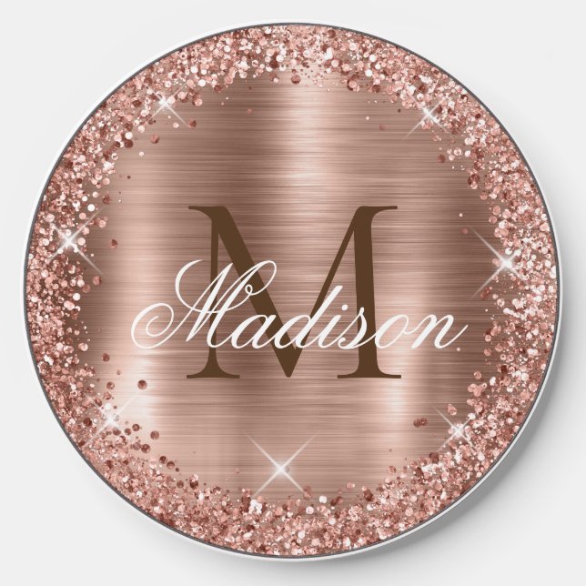 Rose Gold Brushed Metal Rose Gold Glitter Monogram Wireless Charger (Front)