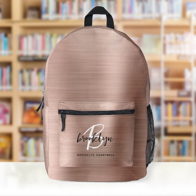 Rose Gold Brushed Metal Script Monogram Name Printed Backpack (Creator Uploaded)