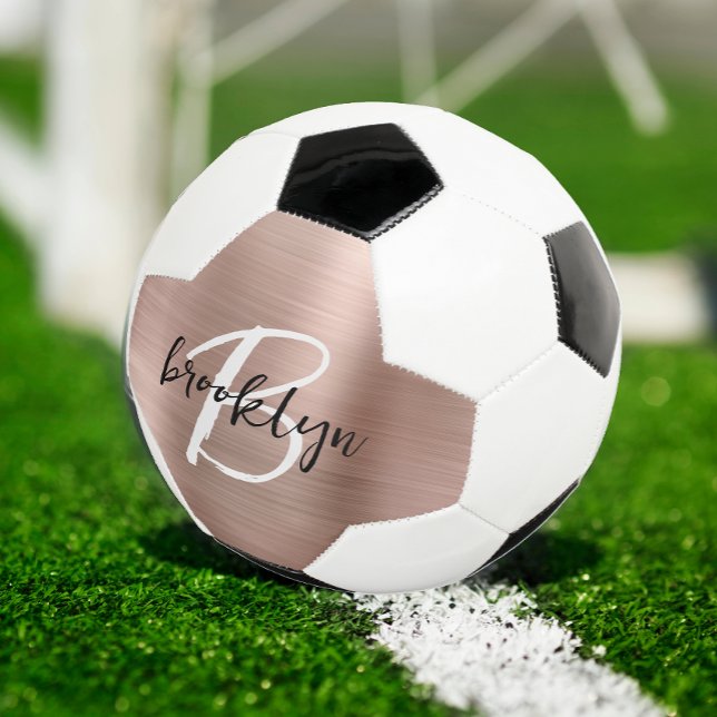 Rose Gold Brushed Metal Script Monogram  Soccer Ball (Creator Uploaded)
