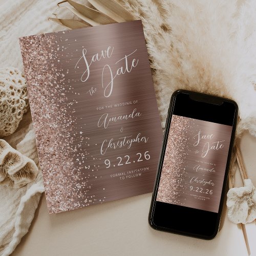 Rose Gold Brushed Metal Script Save the Date Announcement