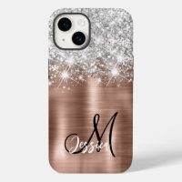 Rose Gold Brushed Metal Silver Glitter Monogram 