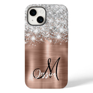 Rose Gold Brushed Metal Silver Glitter Monogram  Case-Mate iPhone 14 Case