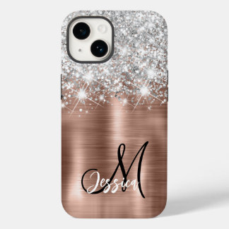 Rose Gold Brushed Metal Silver Glitter Monogram  Case-Mate iPhone 14 Case