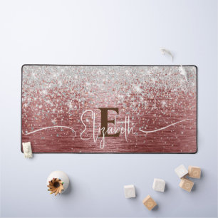 Rose Gold Brushed Metal Silver Glitter Monogram Desk Mat