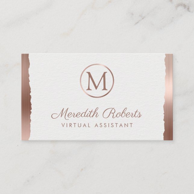 Rose Gold Brushed Metal White Frame Monogram Business Card (Front)