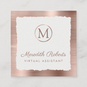 Rose Gold Brushed Metal White Frame Monogram Square Business Card