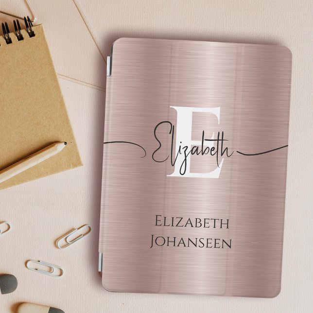 Rose Gold Brushed Metal White Monogram Name Glam iPad Mini Cover (Creator Uploaded)