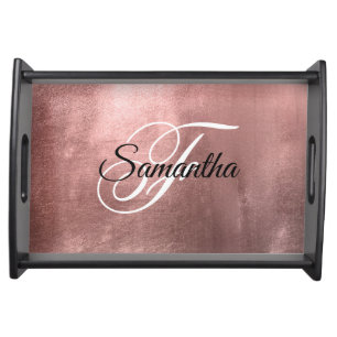 Rose Gold Brushed Metallic Foil Fancy Monogram Serving Tray
