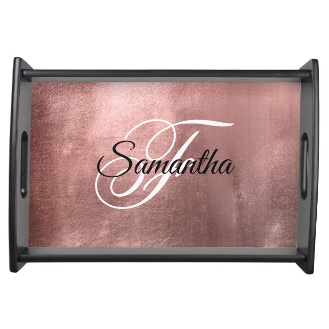 Rose Gold Brushed Metallic Foil Fancy Monogram Serving Tray (Front)