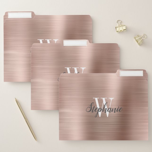 Rose Gold Brushed Metallic Monogram File Folder (Set)
