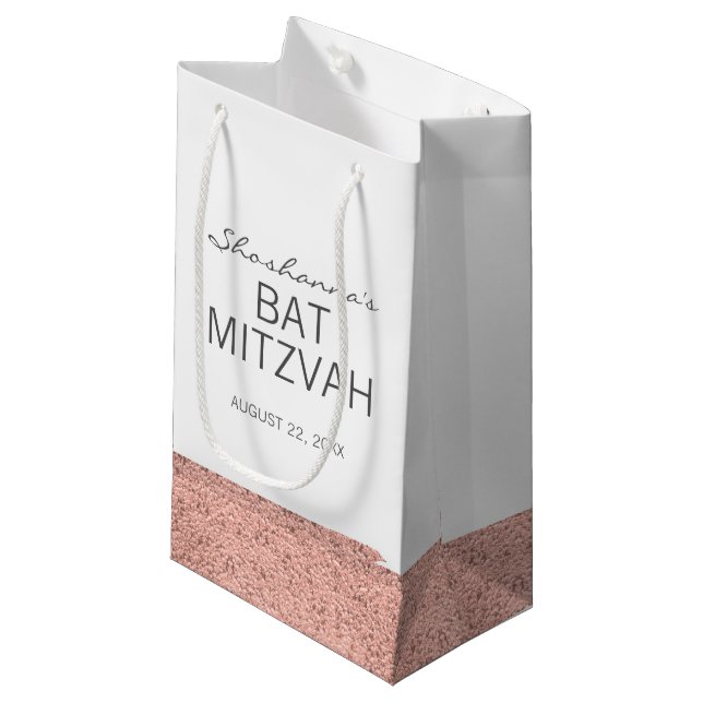 Rose Gold Brushstroke Bat Mitzvah Gift Bag (Front Angled)