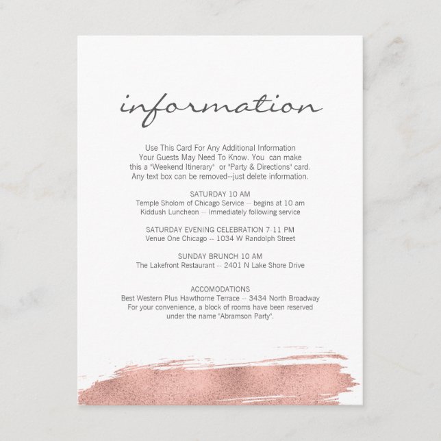 Rose Gold Brushstroke Bat Mitzvah Information Card (Front)