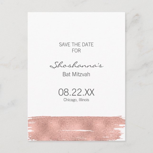Rose Gold Brushstroke Bat Mitzvah Save The Date Announcement Postcard (Front)