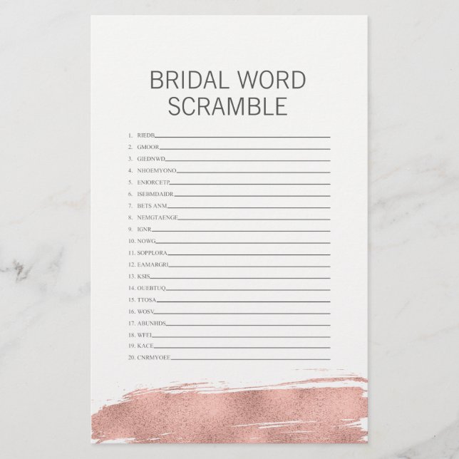 Rose Gold Brushstroke Bridal Word Scramble Game  (Front)
