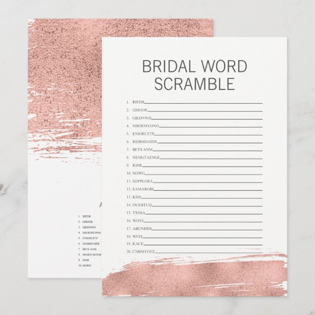 Rose Gold Brushstroke Bridal Word Scramble Game Invitation (Front/Back)