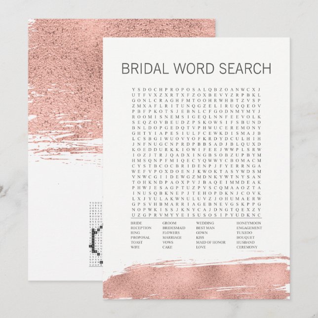Rose Gold Brushstroke Bridal Word Search Game Invitation (Front/Back)