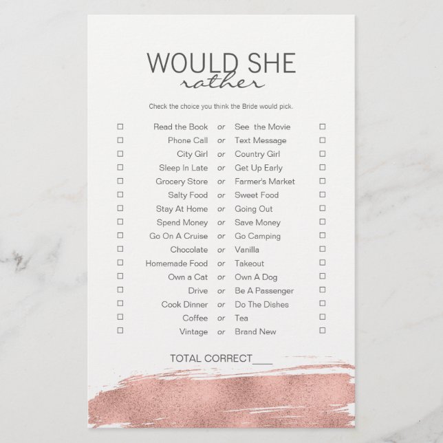 Rose Gold Brushstroke Bridal Would She Rather Game (Front)