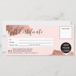 Rose gold brushstroke foil gift certificate logo