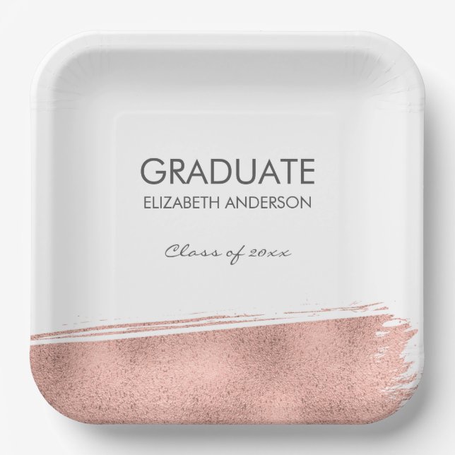 Rose Gold Brushstroke Graduation Paper Plates (Front)