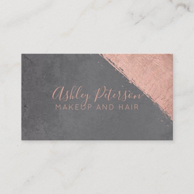 Rose gold brushstroke grey hair makeup typography business card (Front)